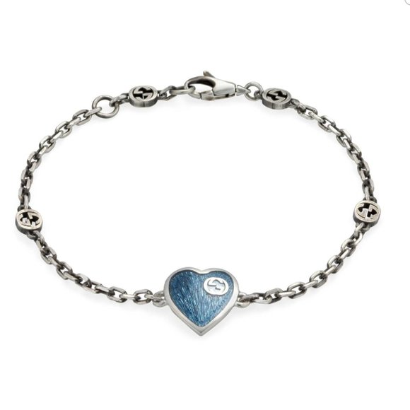 RARE NIB GUCCI INTERLOCKING G GG  925 SILVER HEART CHARM PENDANT ENAMEL BRACELET - Picture 1 of 14